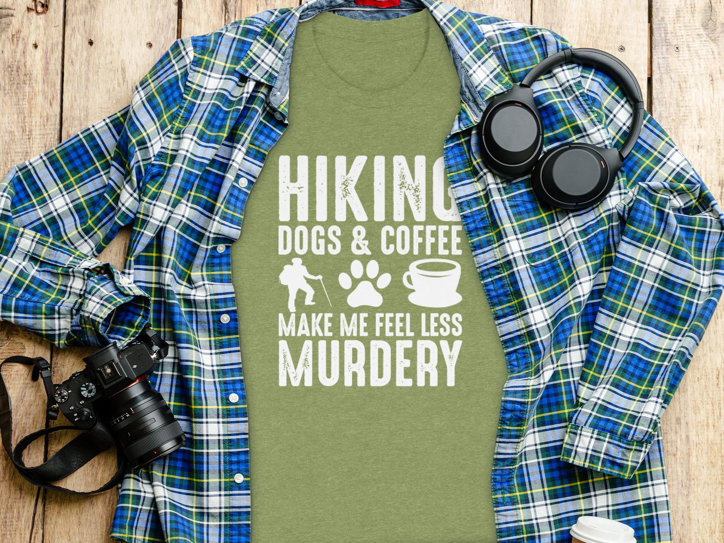Hiking Dogs Coffee Less Murdery Funny Graphic Design T-Shirt T-Shirt - Outdoor & Adventure Collection - Mile Marker 16 Gear by Cloud 16 Clothing Co.