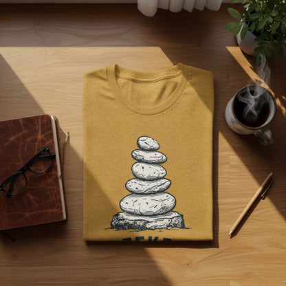 Creekbed Scout Cairn Graphic: The Explorer's Adventure Tee: Yellow t-shirt with a stacked stone illustration and "Ever" text below.