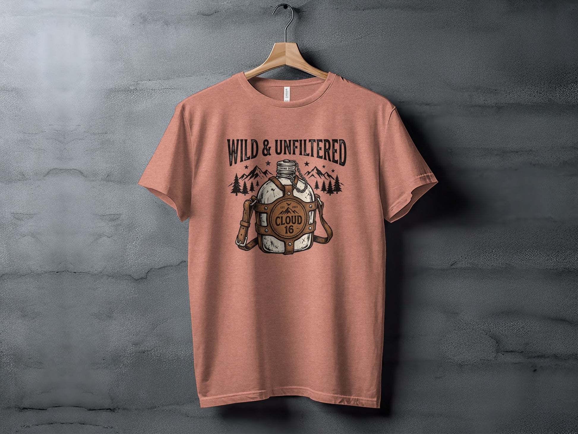 Rugged Wild & Unfiltered Spirit Wilderness Shirt: Peach t-shirt with "WILD & UNFILTERED" and vintage canteen graphic.