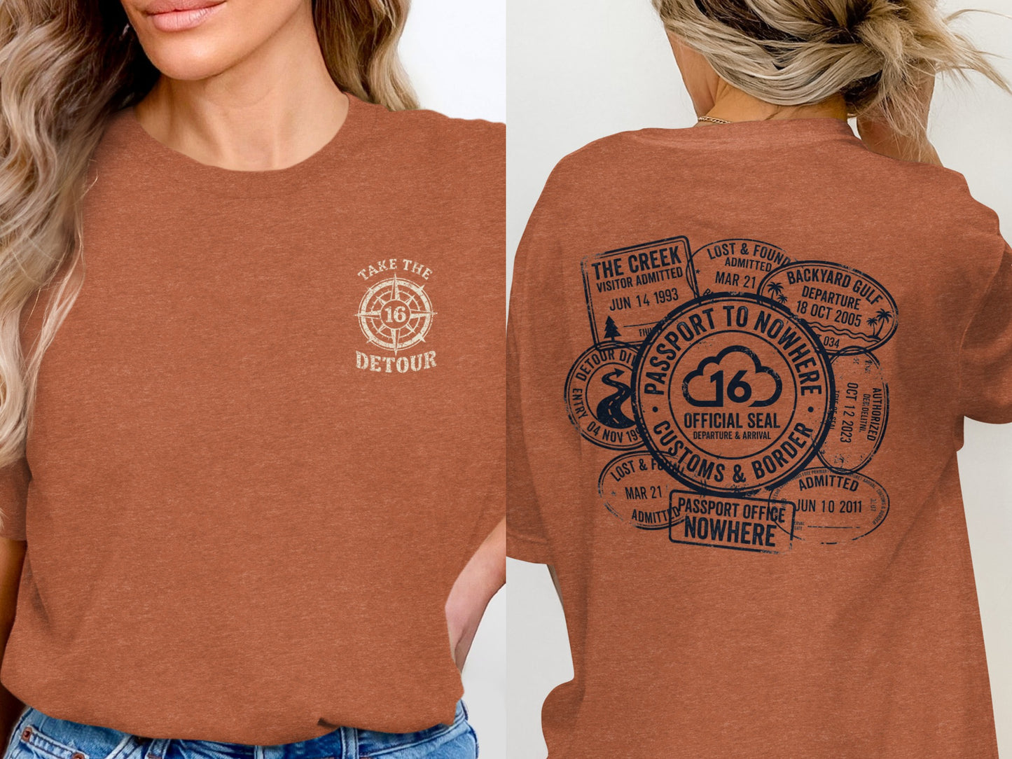 Orange t-shirt with "Take the Detour" graphic and passport-themed stamp details.