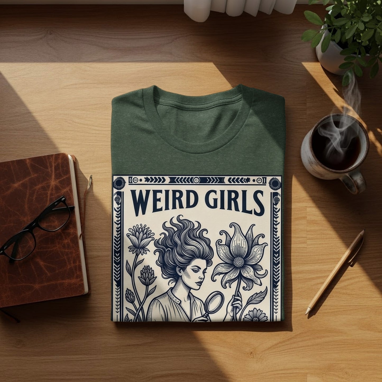 Dark green t-shirt with "WEIRD GIRLS" text and floral illustration.