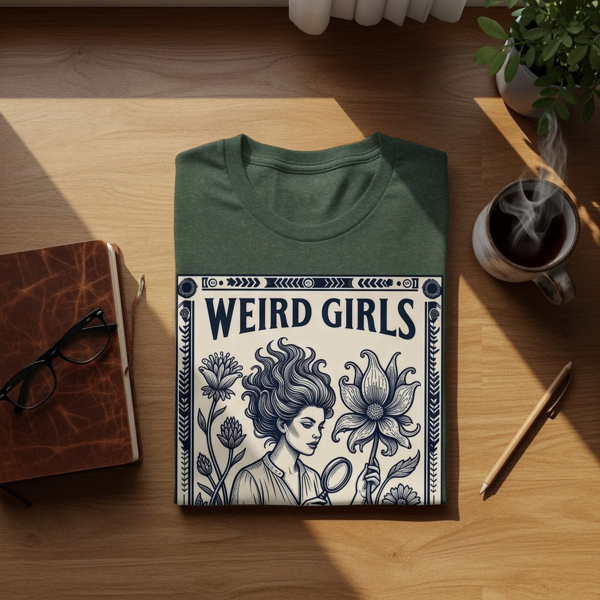 Dark green t-shirt with "WEIRD GIRLS" text and floral illustration.