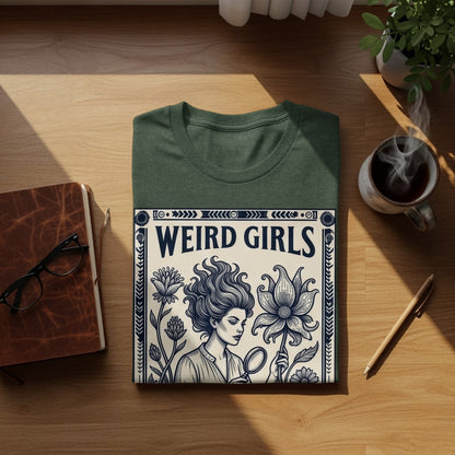 Dark green t-shirt with "WEIRD GIRLS" text and floral illustration.