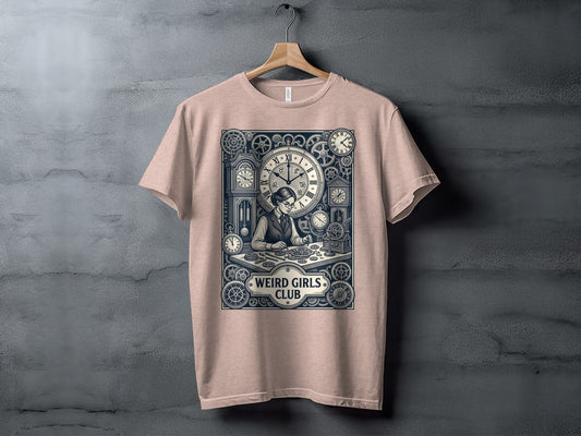T-shirt with a vintage clockmaker illustration and "Weird Girls Club" text.