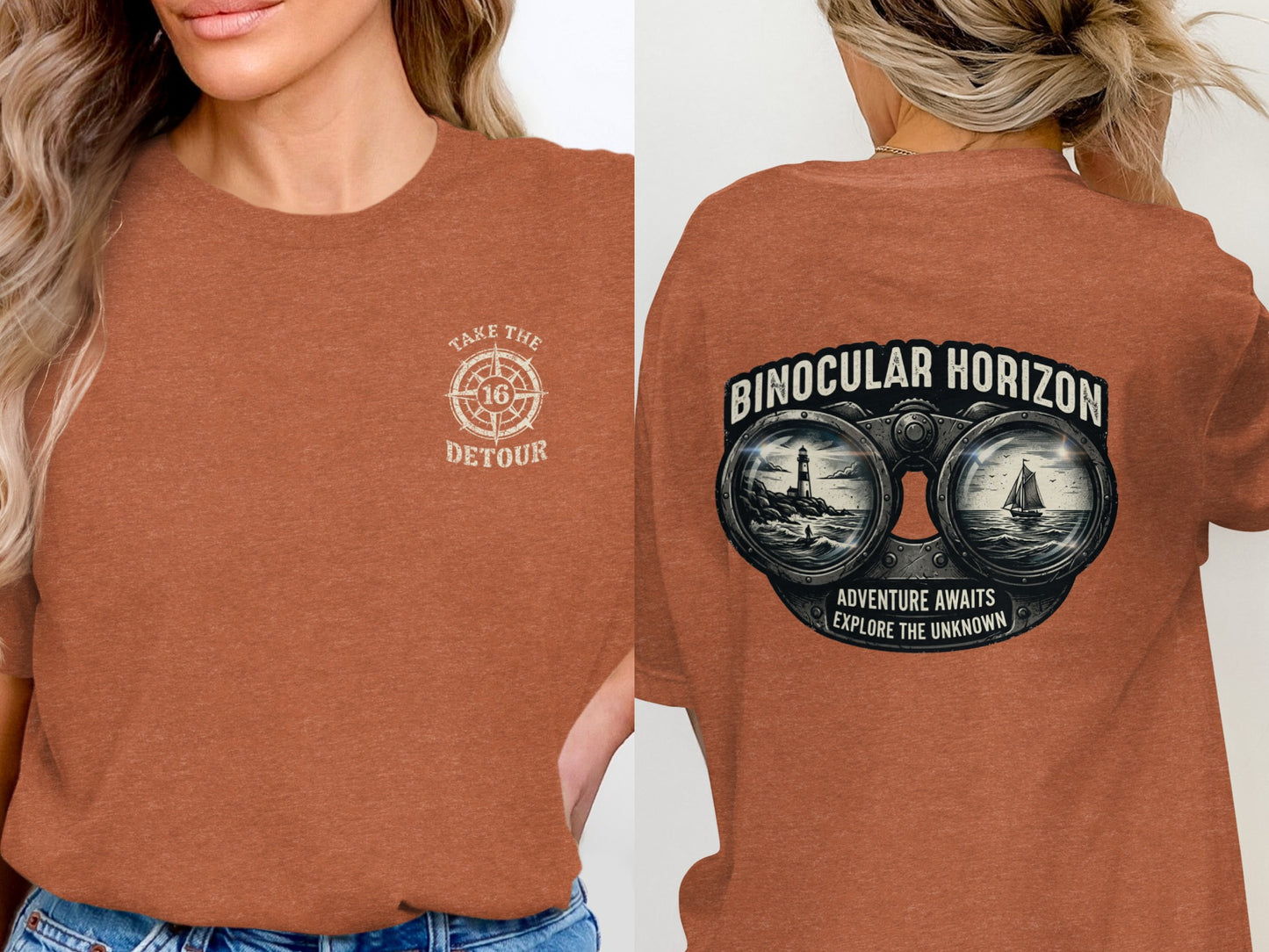 Front of rust-colored t-shirt: compass with "Take the Detour" text. Back: binoculars framing ocean scene, "Binocular Horizon" text.