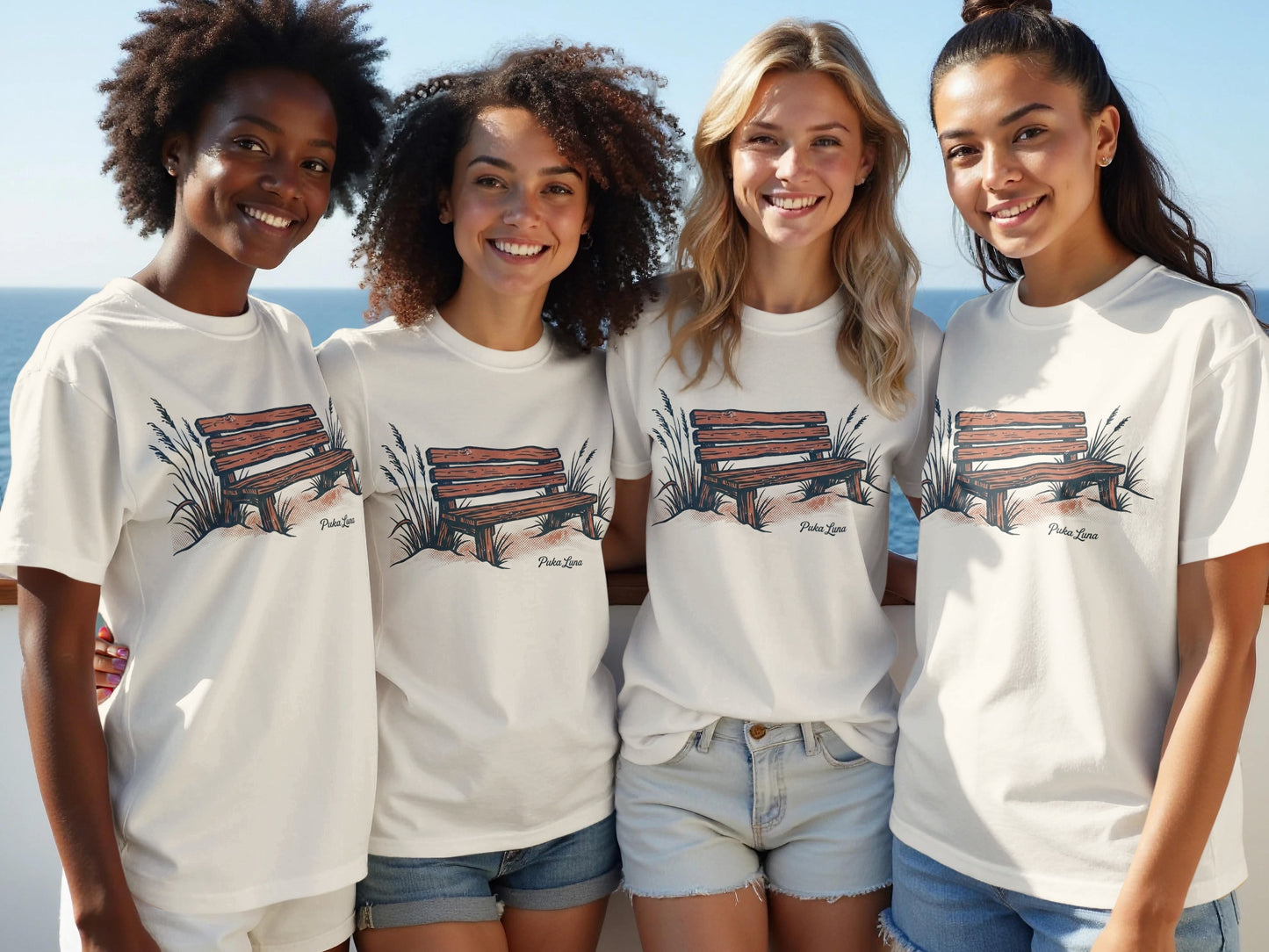 Four women wear white t-shirts with a wood bench graphic.
