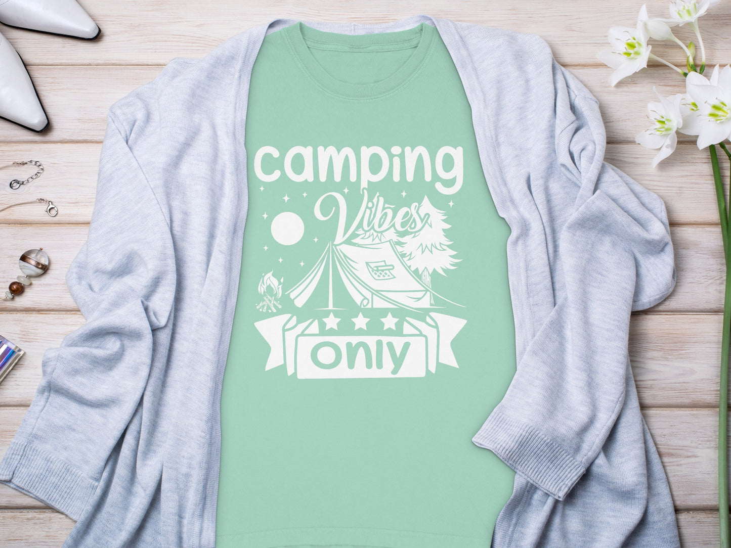 Camping Vibes Stars Only With Tent Graphic Long Sleeve T-Shirt Long Sleeve Tee - Outdoor & Adventure Collection - Mile Marker 16 Gear by Cloud 16 Clothing Co.