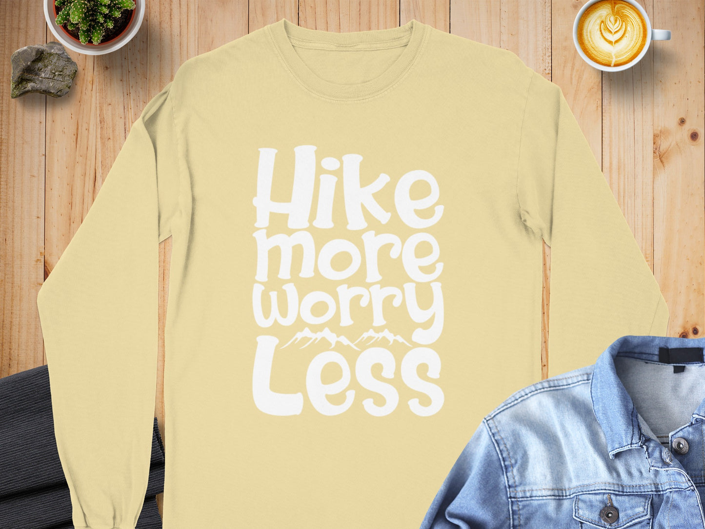 Hike More Worry Less With Mountain Graphic Long Sleeve T-Shirt Long Sleeve Tee - Outdoor & Adventure Collection - Mile Marker 16 Gear by Cloud 16 Clothing Co.