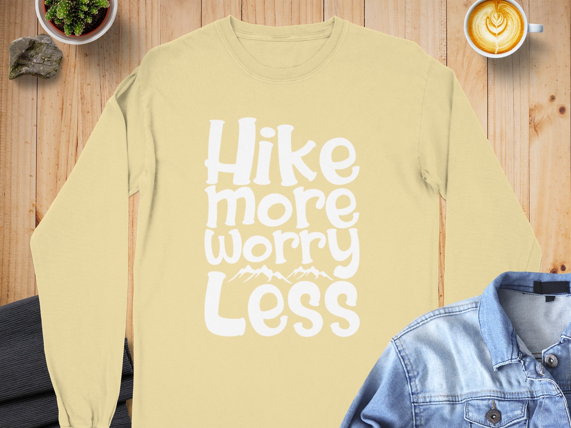 Hike More Worry Less With Mountain Graphic Long Sleeve T-Shirt Long Sleeve Tee - Outdoor & Adventure Collection - Mile Marker 16 Gear by Cloud 16 Clothing Co.