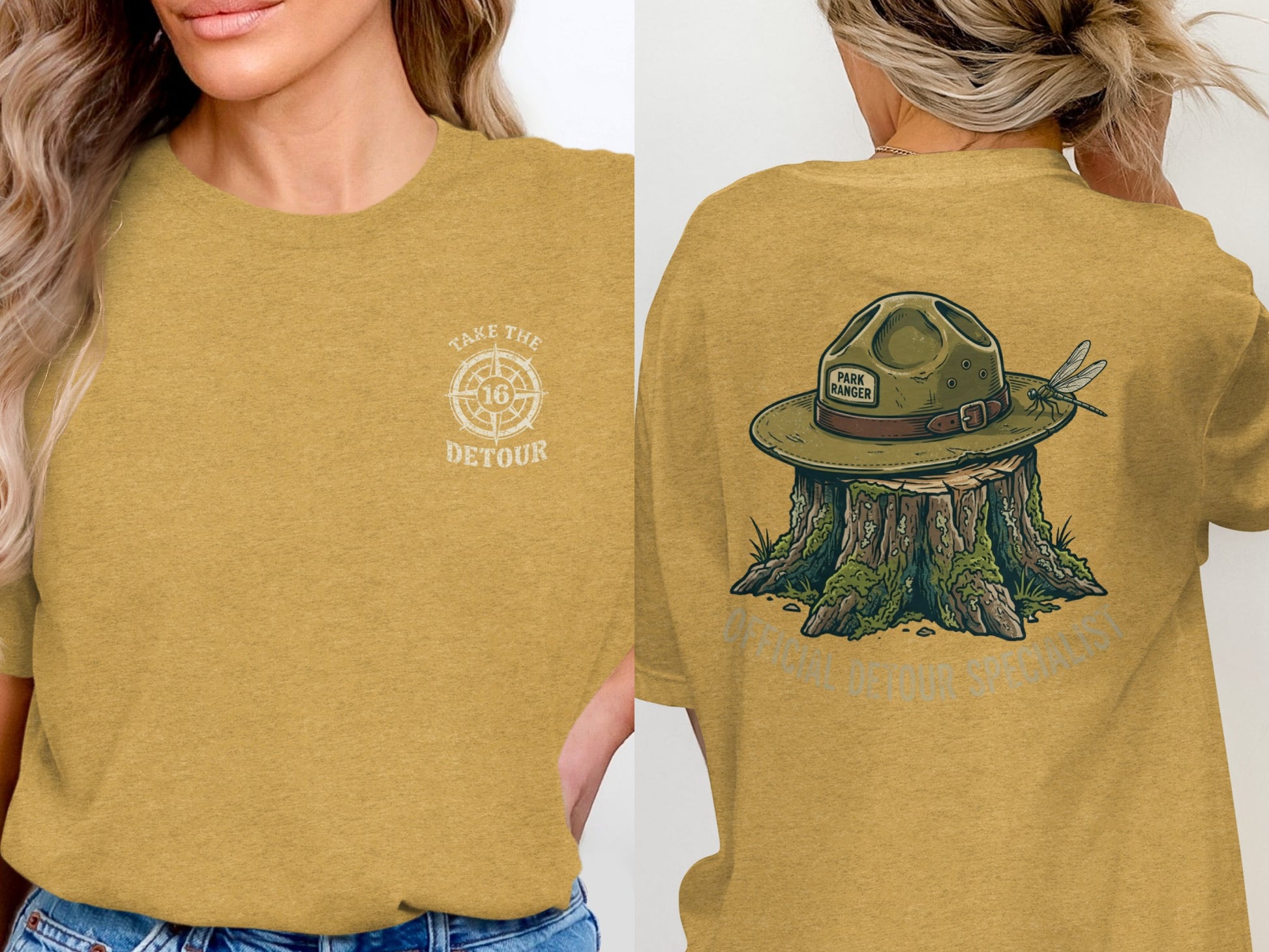 Yellow t-shirt with "Take the Detour" compass graphic on front, and park ranger hat on stump graphic on back.