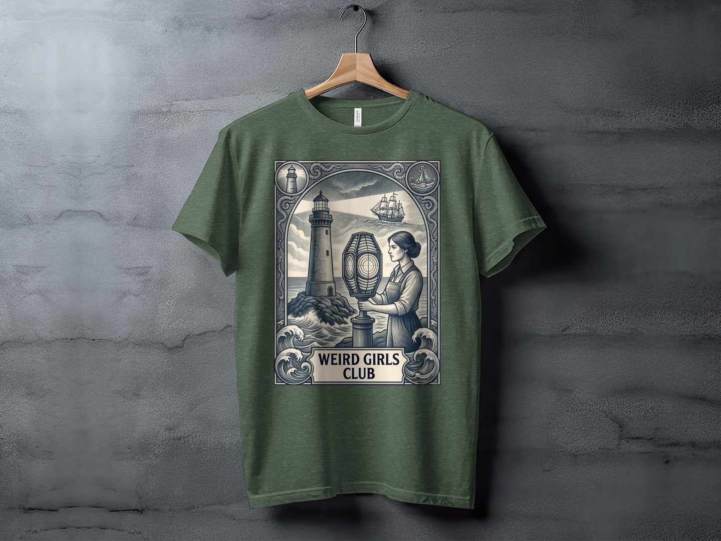 T-shirt featuring lighthouse, ship, and woman in a framed, vintage illustration.