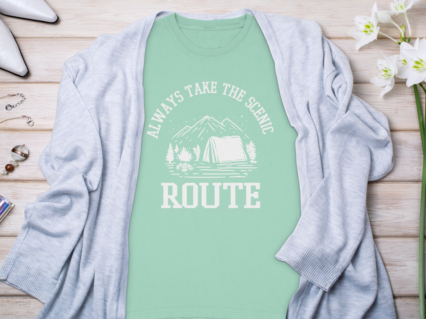 Always Take The Scenic Route Camping Adventure Long Sleeve T-Shirt Long Sleeve Tee - Outdoor & Adventure Collection - Mile Marker 16 Gear by Cloud 16 Clothing Co.