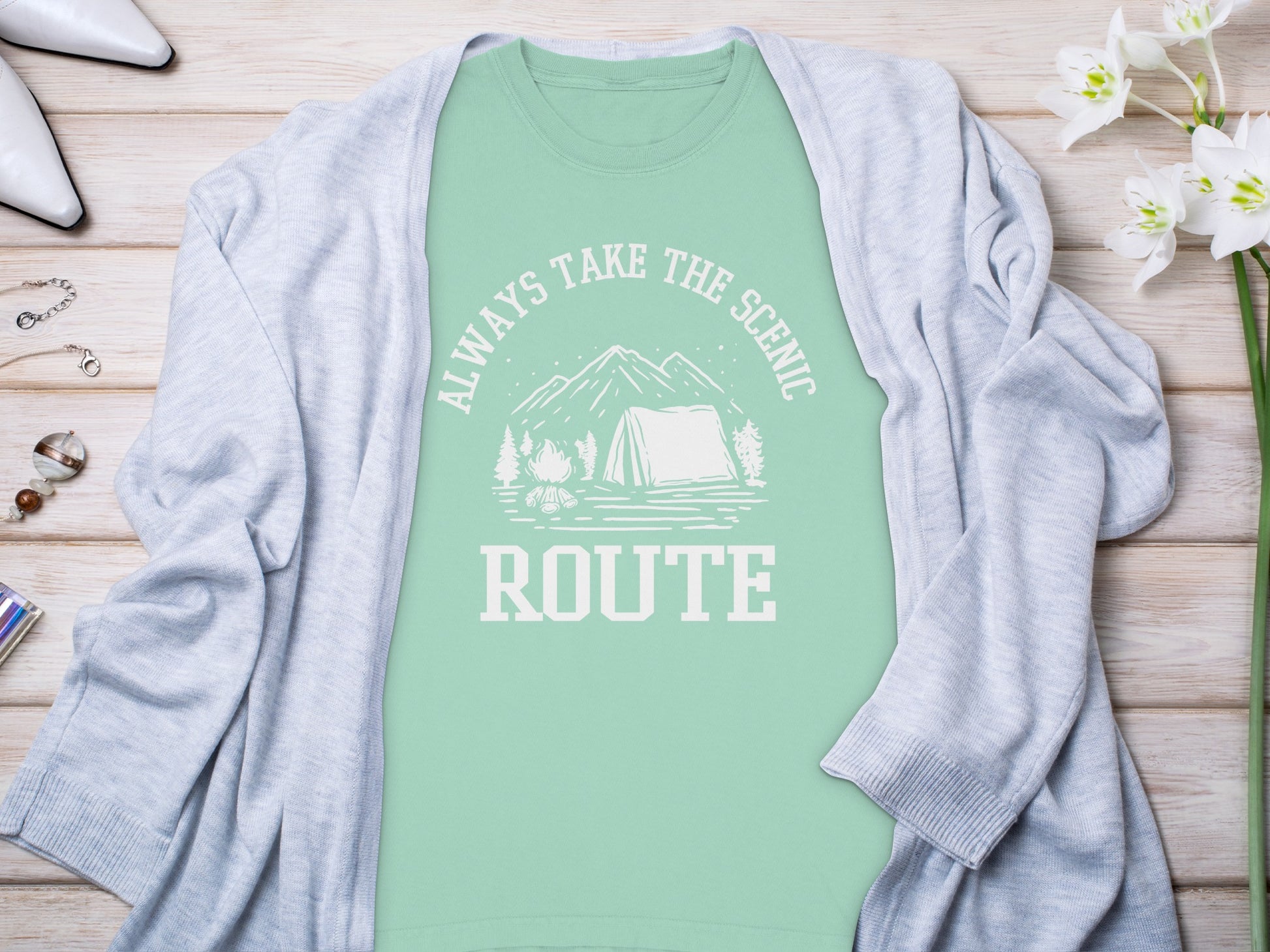 Always Take The Scenic Route Camping Adventure Long Sleeve T-Shirt Long Sleeve Tee - Outdoor & Adventure Collection - Mile Marker 16 Gear by Cloud 16 Clothing Co.