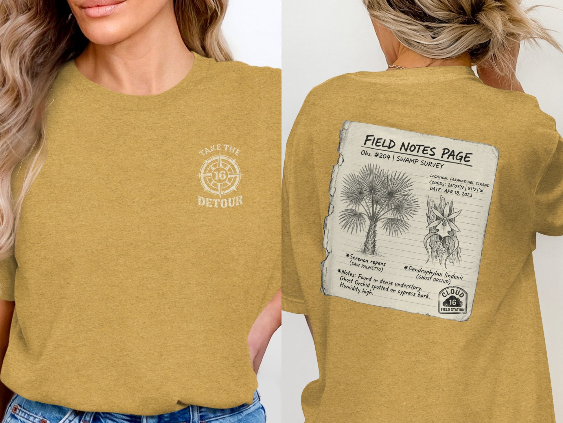 T-shirt with "Take the 16 Detour" on front and swamp survey field notes on back.