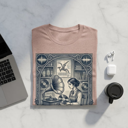 T-shirt featuring vintage illustration of woman with record player and bookshelf.
