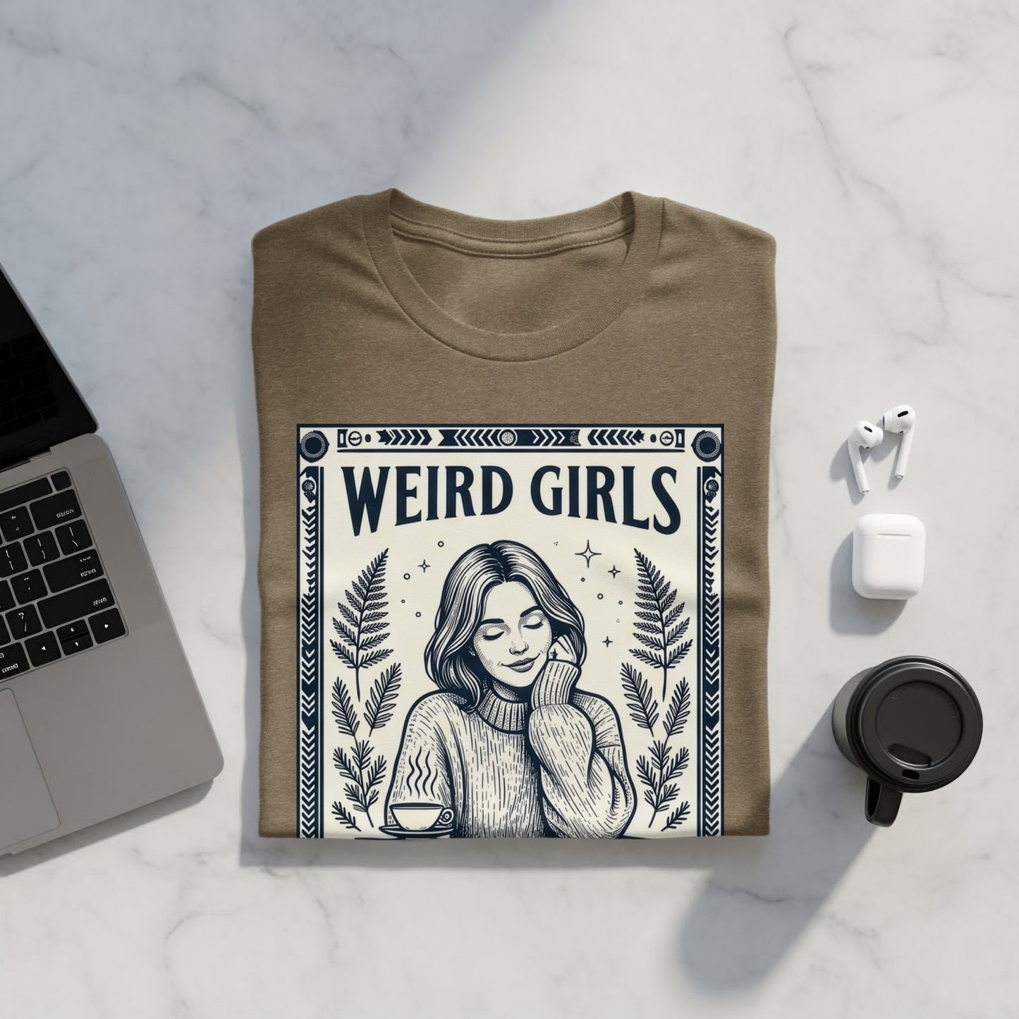 Brown t-shirt with "WEIRD GIRLS" text and woman illustration.