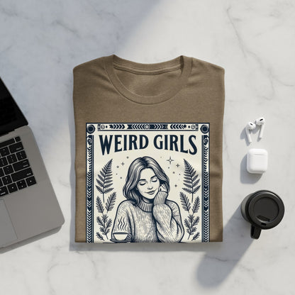 Brown t-shirt with "WEIRD GIRLS" text and woman illustration.