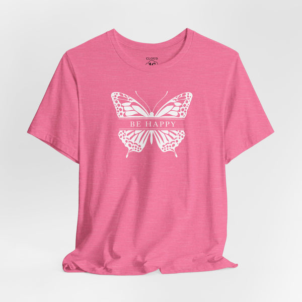 Be Happy Butterfly Tee - Womens Eco-Friendly T-Shirt | Positive Vibes Nature Lover Gift