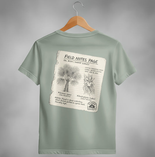 T-shirt with a field notes page featuring a palm tree and orchid illustration.