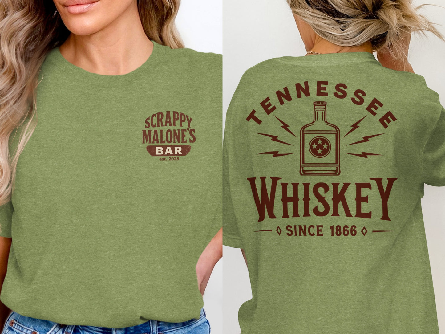 Tennessee Whiskey Bottle Since 1866 Graphic T-Shirt T-shirt - Scrappy Malone's Bar 100-Proof Humor - Cloud 16 Clothing Co.