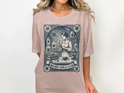 Illustration of a woman examining a spider with a magnifying glass, "Weird Girls Club" banner.
