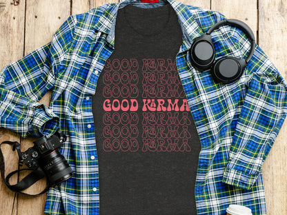 Good Karma Graphic Tee with Repeated Text Design