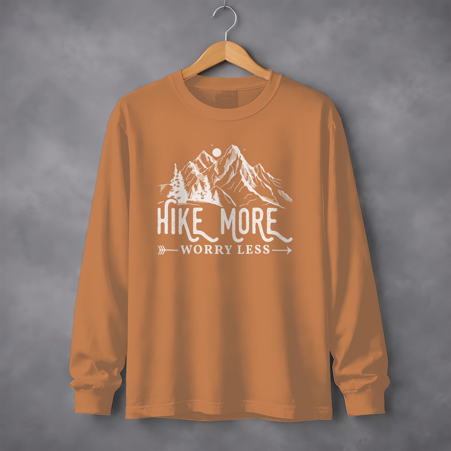 Hike More Worry Less Mountain Design Funny Outdoor Long Sleeve T-Shirt Long Sleeve Tee - Outdoor & Adventure Collection - Mile Marker 16 Gear by Cloud 16 Clothing Co.