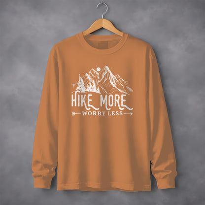 Hike More Worry Less Mountain Design Funny Outdoor Long Sleeve T-Shirt Long Sleeve Tee - Outdoor & Adventure Collection - Mile Marker 16 Gear by Cloud 16 Clothing Co.