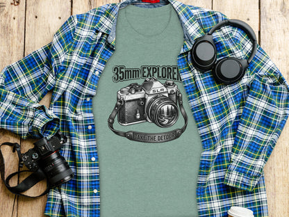 35mm Explorer Detour | Vintage Outdoor Apparel: Green t-shirt with vintage camera graphic and "35mm Explorer" text.
