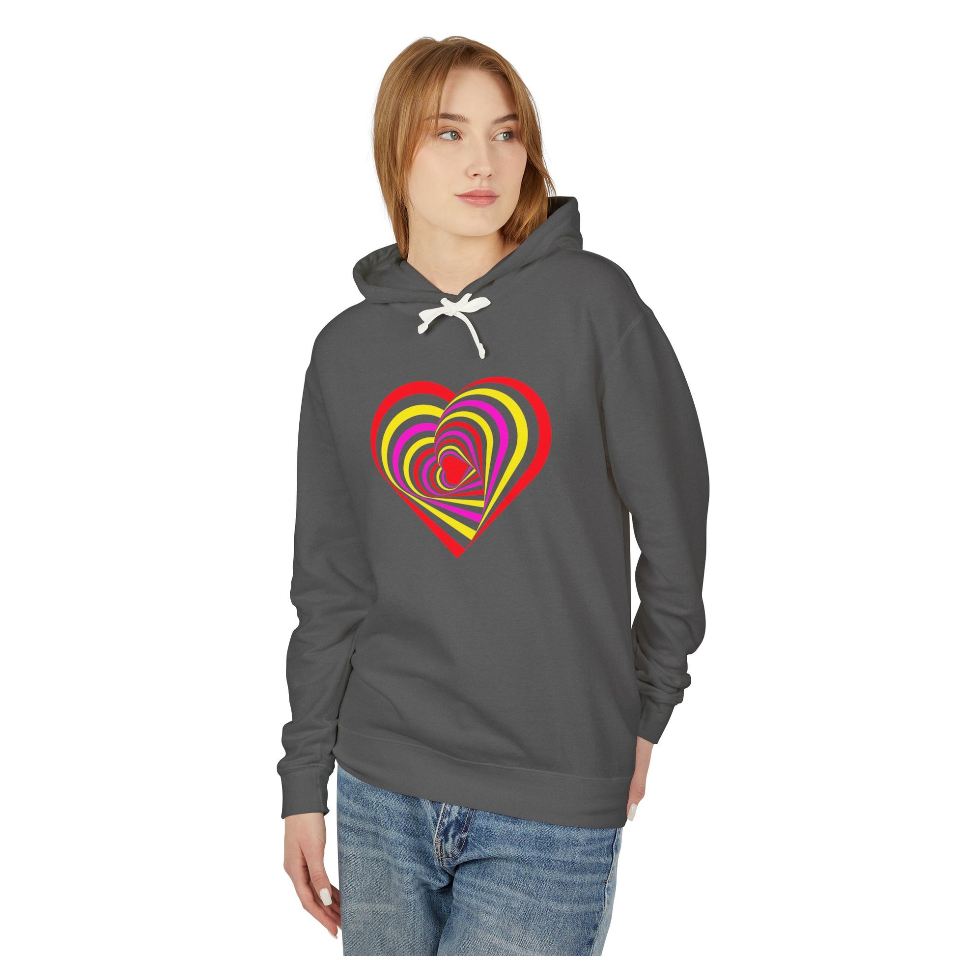 Person wearing a gray hoodie with a colorful heart design on a white background