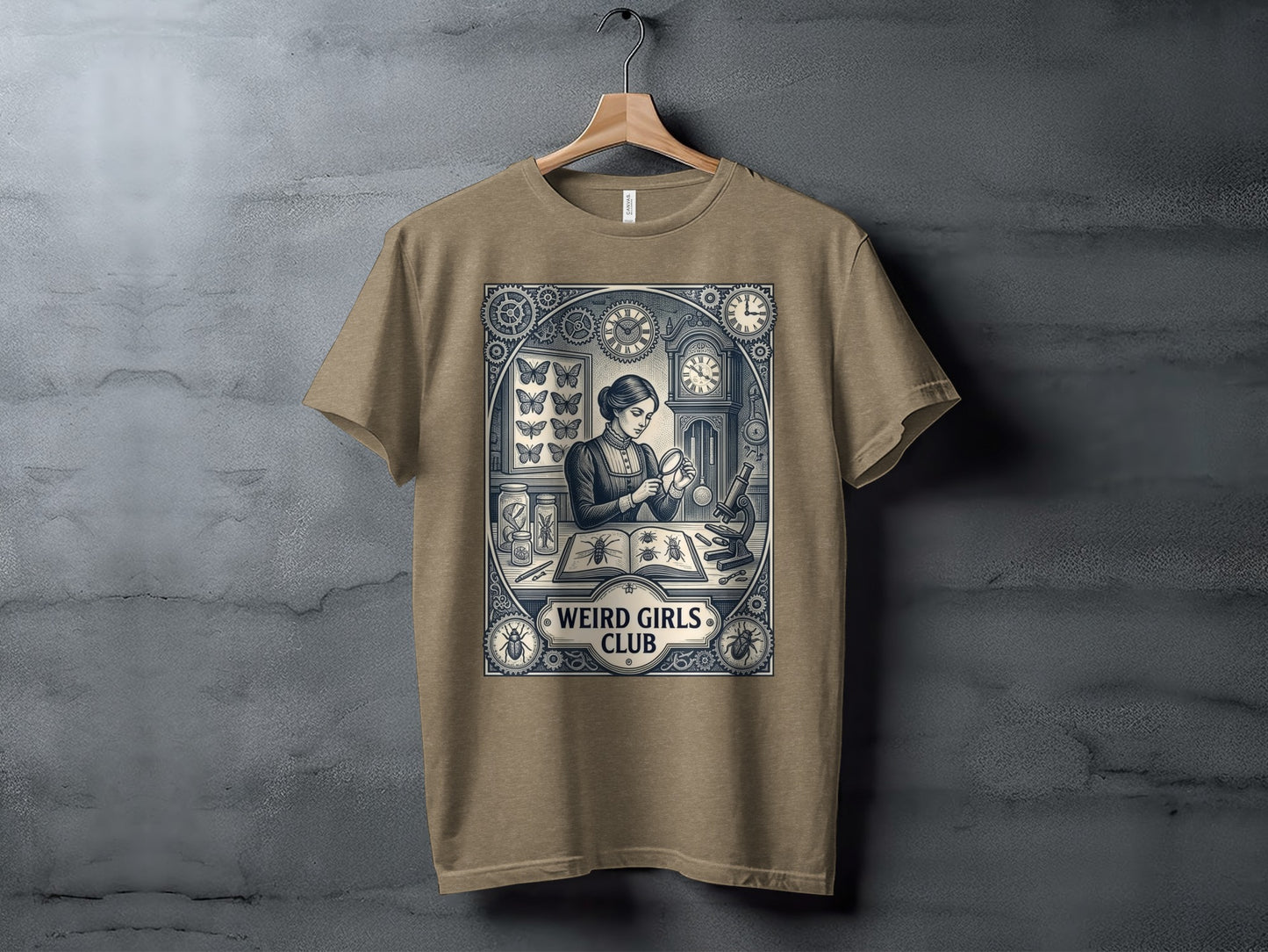 T-shirt with scientific illustration of a woman with a magnifying glass and butterflies.