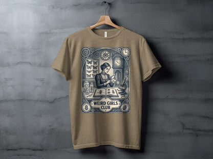 T-shirt with scientific illustration of a woman with a magnifying glass and butterflies.