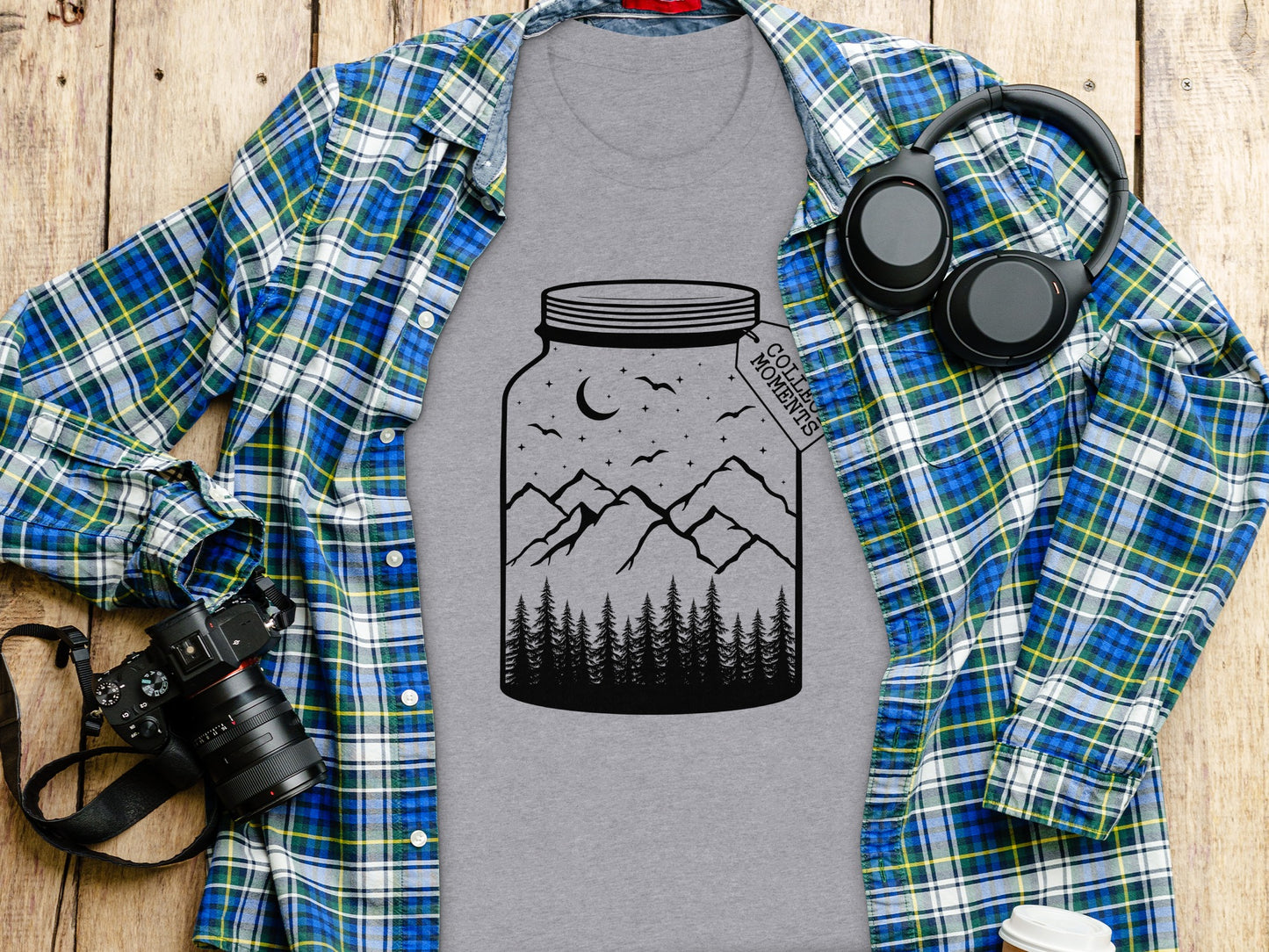 Collect Moments Jar with Mountains Scene Design T-Shirt T-Shirt - Outdoor & Adventure Collection - Mile Marker 16 Gear by Cloud 16 Clothing Co.