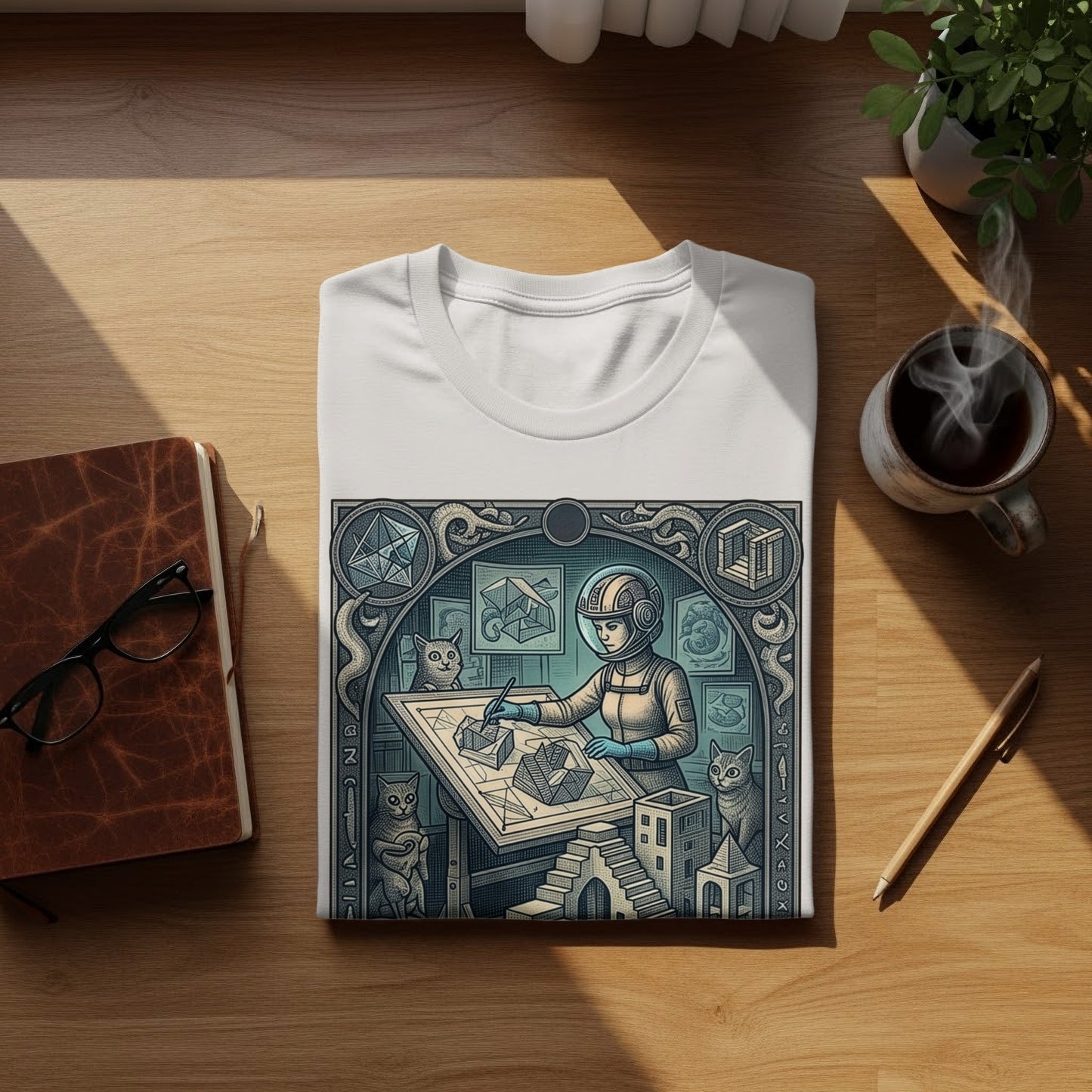 White t-shirt with intricate geometric artwork of an astronaut at a desk with cats.
