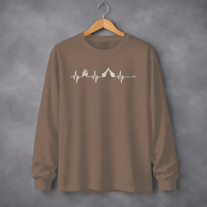 Camping Fire Tent Heartbeat Outdoor Adventure Long Sleeve T-Shirt Long Sleeve Tee - Outdoor & Adventure Collection - Mile Marker 16 Gear by Cloud 16 Clothing Co.