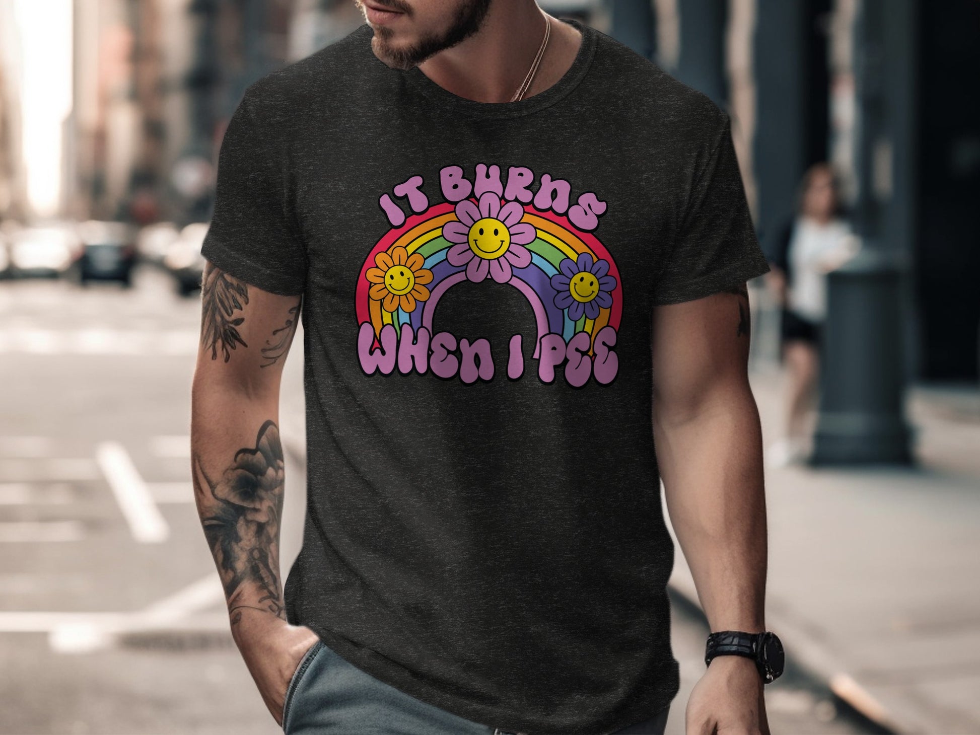 Funny It Burns When I Pee Rainbow Graphic T-Shirt