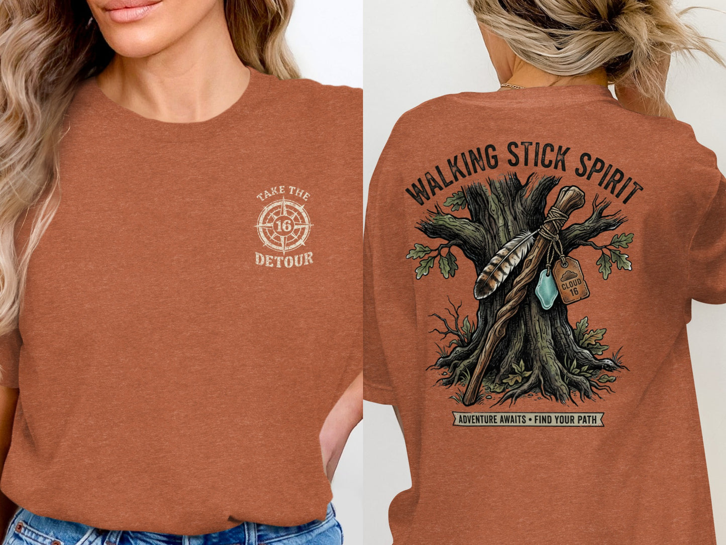 T-shirt with front "Take the Detour" logo and back "Walking Stick Spirit" graphic.