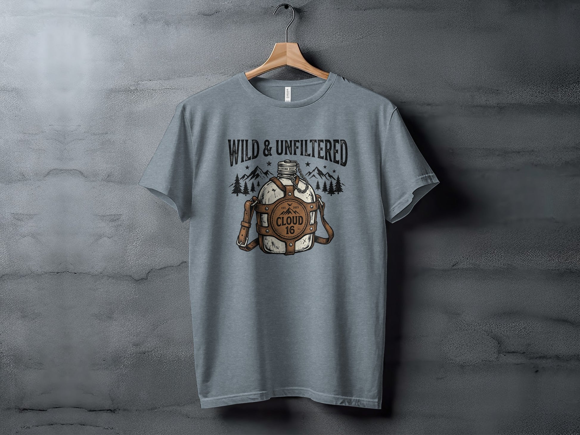 Rugged Wild & Unfiltered Spirit Wilderness Shirt: Grey t-shirt with "WILD & UNFILTERED" and canteen graphic.