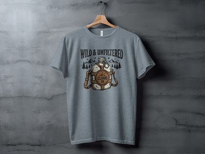 Rugged Wild & Unfiltered Spirit Wilderness Shirt: Grey t-shirt with "WILD & UNFILTERED" and canteen graphic.