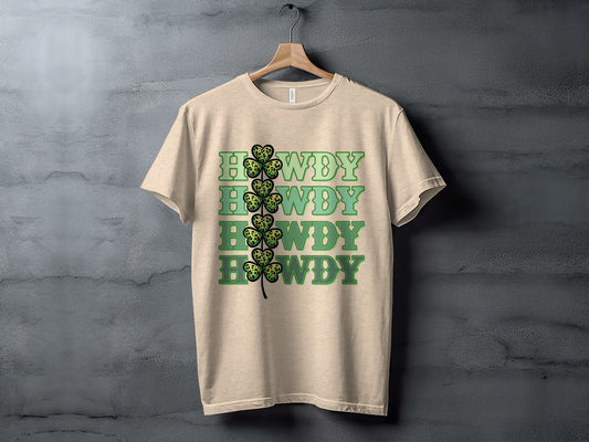 Beige T-Shirt with Green Howdy Text and Clovers Design