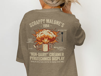 T-shirt with "Scrappy Malone's" logo and a retro explosion design.