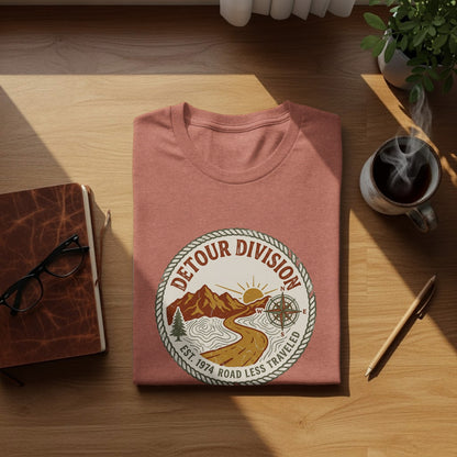 Detour Division Heritage | Vintage Outdoor Apparel: T-shirt with "Detour Division Est. 1974 Road Less Traveled" circular logo.