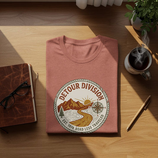 Detour Division Heritage | Vintage Outdoor Apparel: T-shirt with "Detour Division Est. 1974 Road Less Traveled" circular logo.