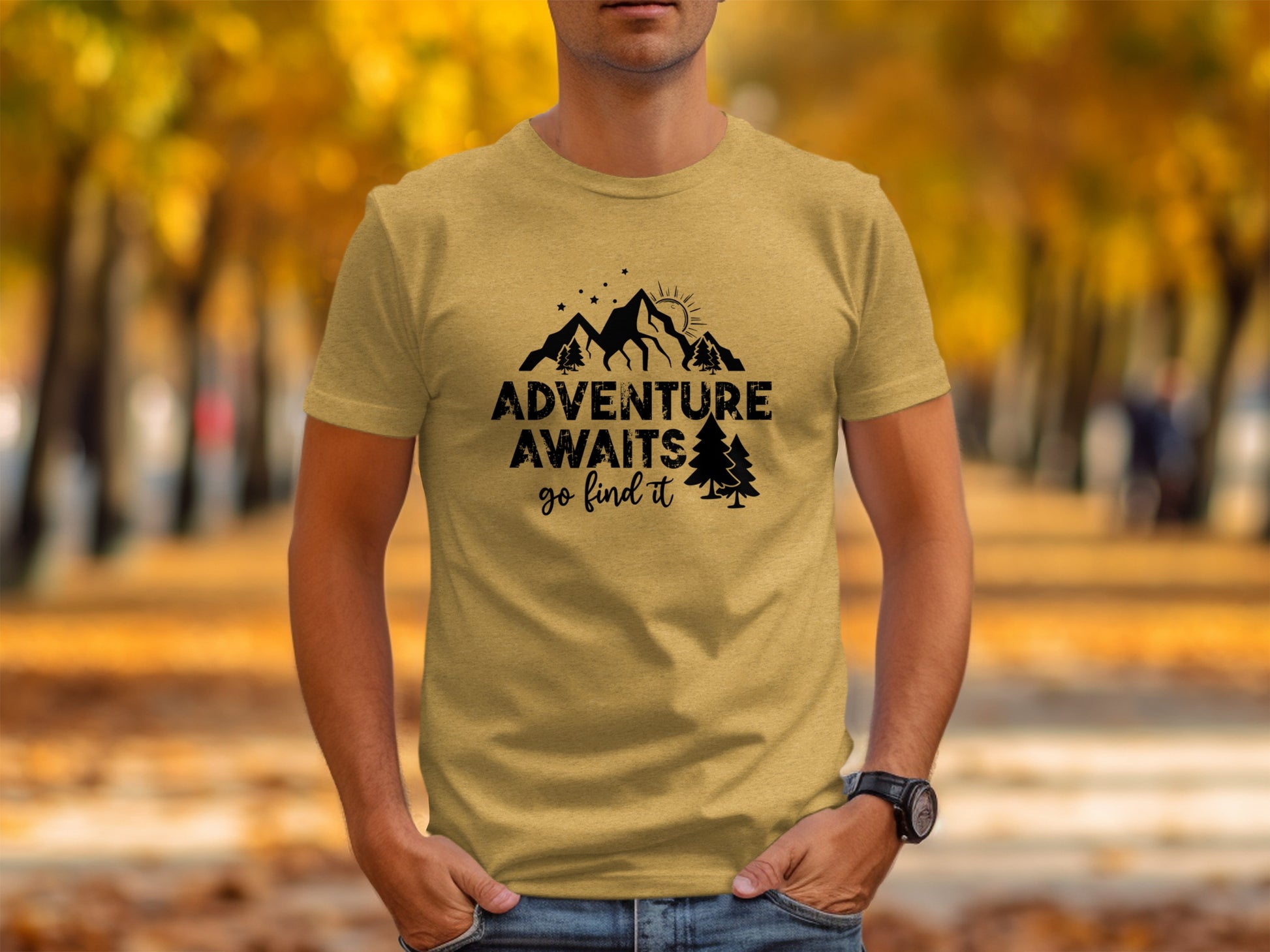 Adventure Awaits Go Find It Mountains Trees and Sun T-Shirt T-Shirt - Outdoor & Adventure Collection - Mile Marker 16 Gear by Cloud 16 Clothing Co.