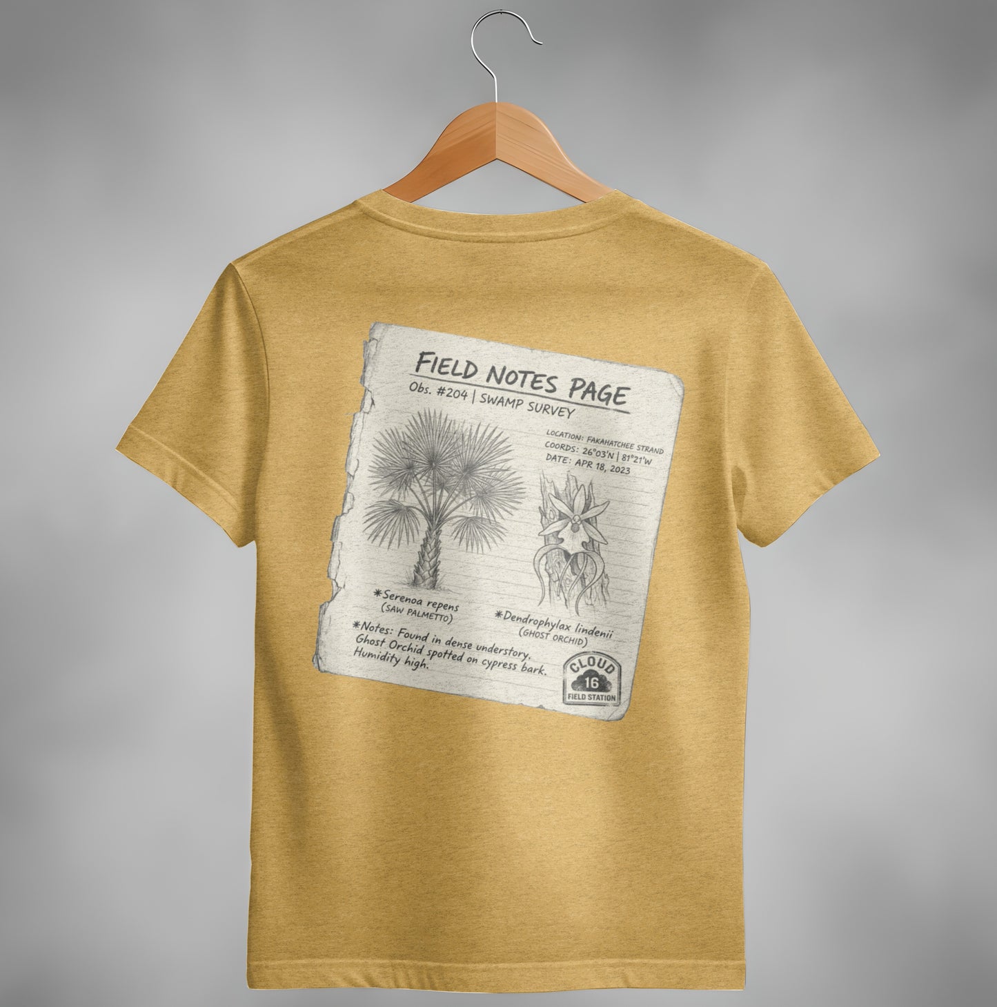 T-shirt with "Field Notes Page" graphic of a Saw Palmetto and Ghost Orchid.