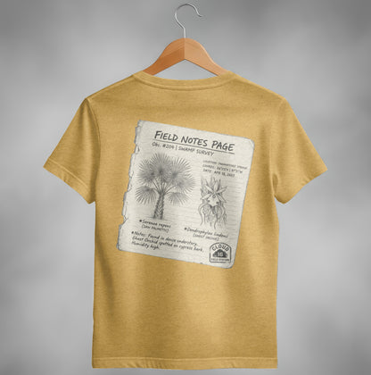 T-shirt with "Field Notes Page" graphic of a Saw Palmetto and Ghost Orchid.