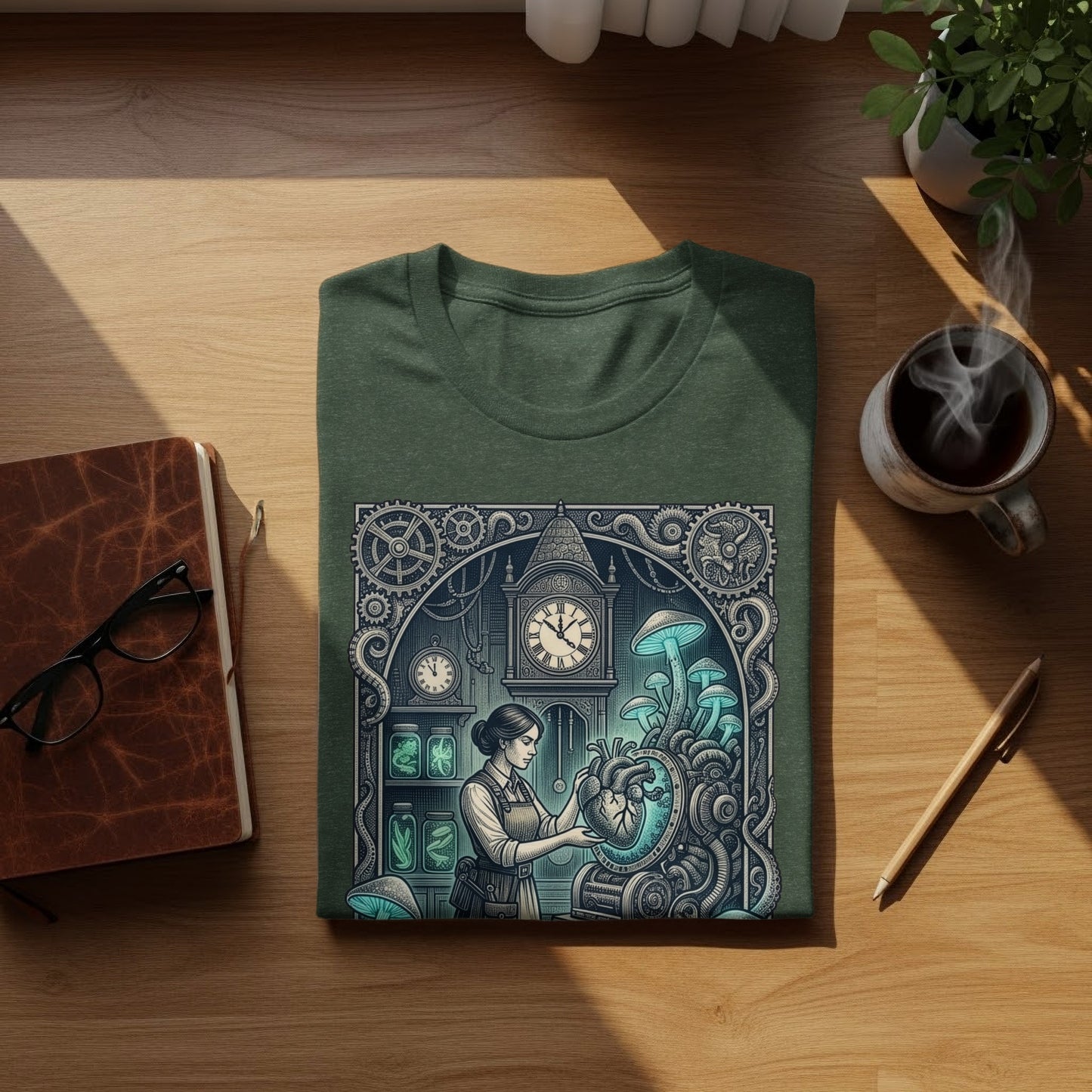 Green t-shirt with steampunk anatomical heart design on wooden table.