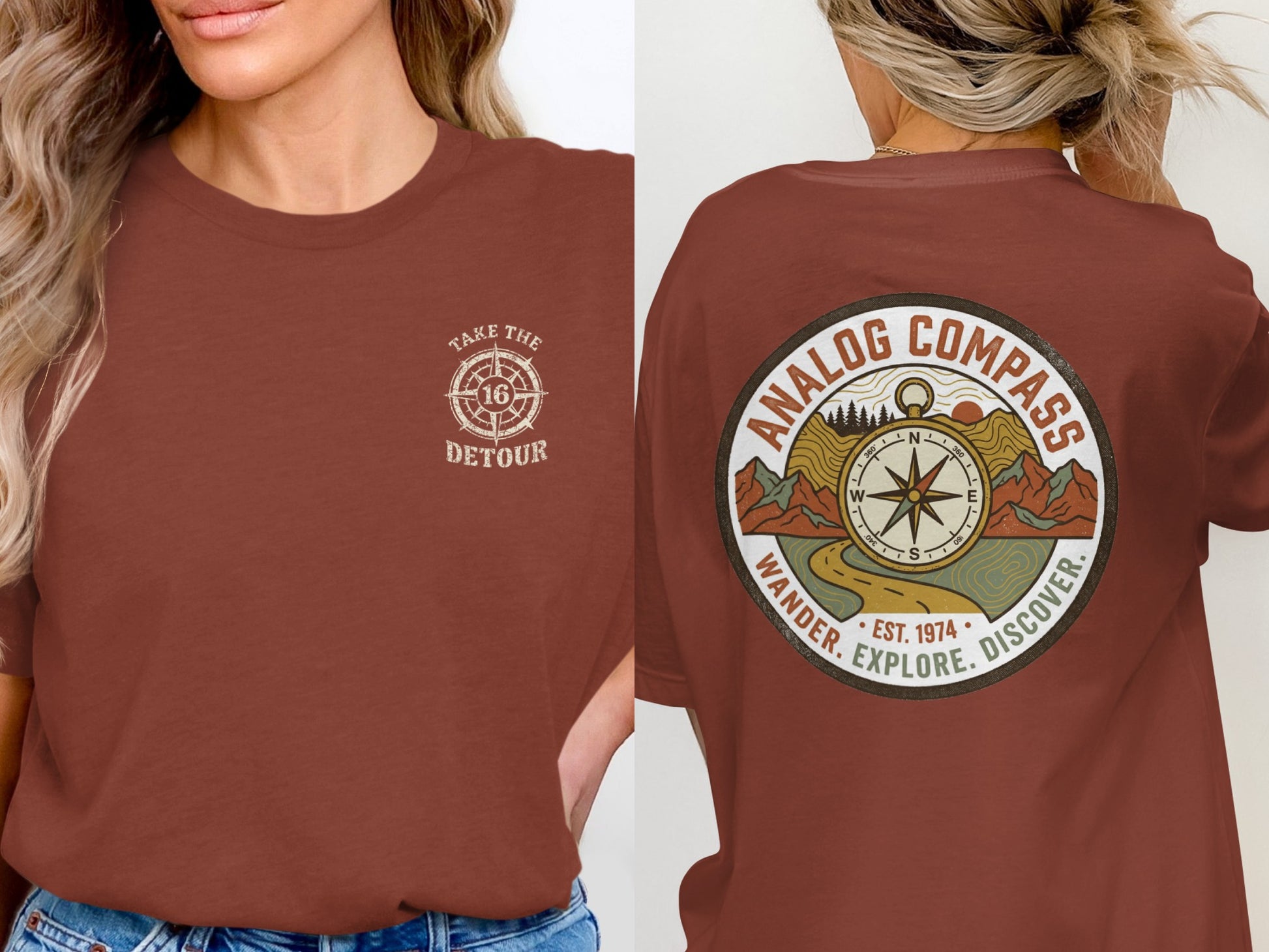 Brown t-shirt with "Analog Compass" and "Take the Detour" graphics on front and back.