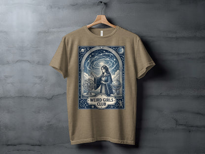 T-shirt with celestial, astrological artwork and "Weird Girls Club" text.