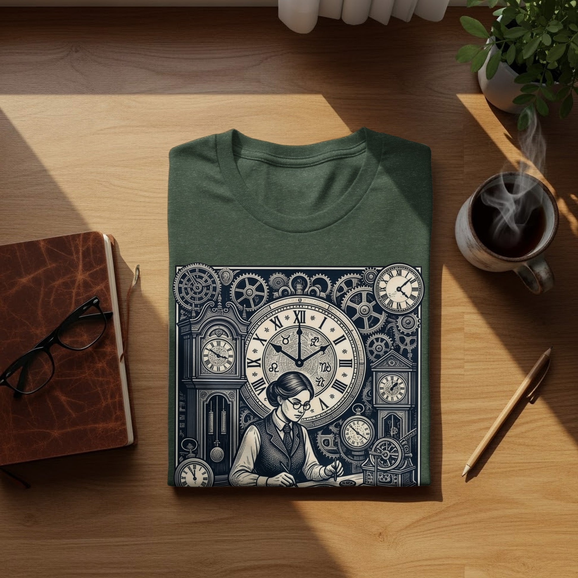 T-shirt with woman at desk, surrounded by antique clock gears.